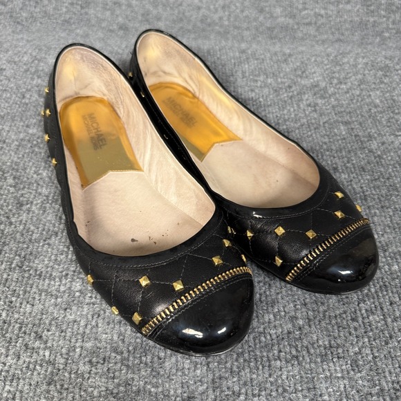 Michael Kors Shoes - Michael Kors Size 8M Quilted Studded Flat Black Leather Gold Beads 40R3QUFP2L